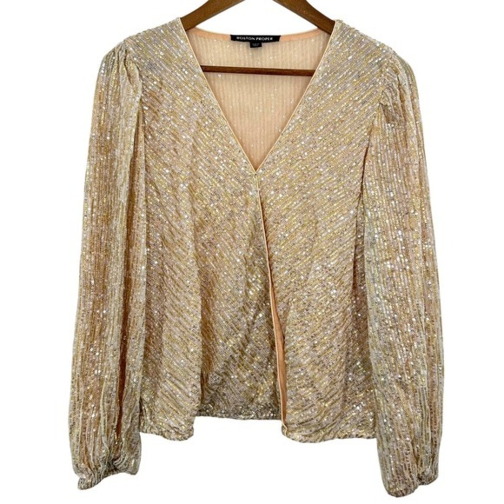 Boston Proper Sequin Wrap Blouse Long Sleeve Metallic Gold‎ Beige New Years Eve